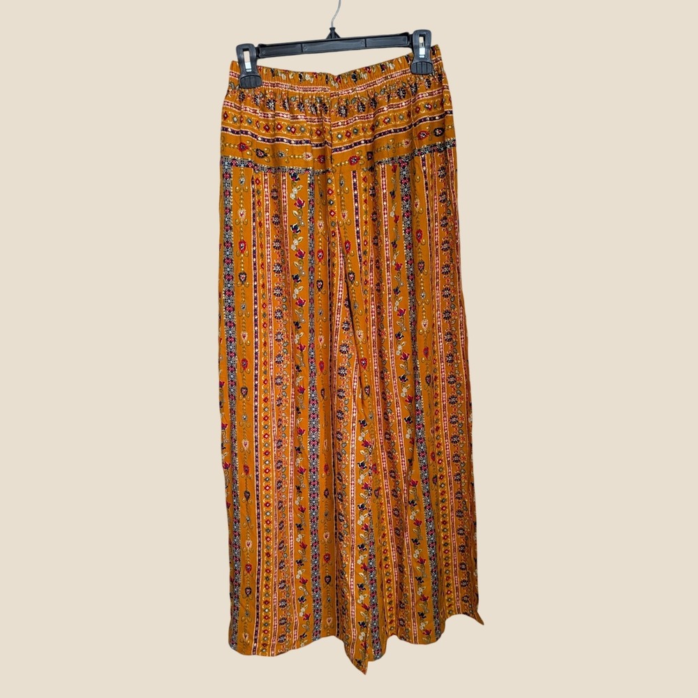 Bohemian Mustard Yellow Floral Geometric Stripe Wide Leg Smocked Palazzo Pants